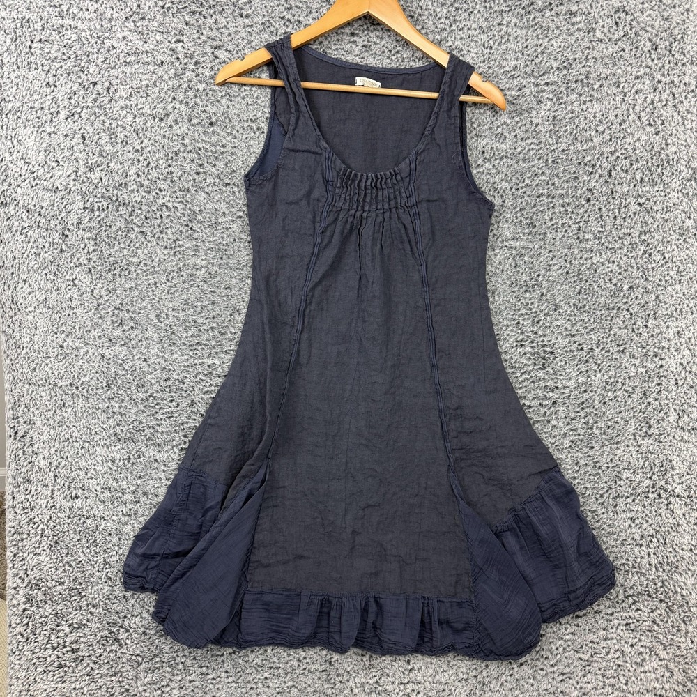 Lina Tomei Dress Womens Medium Blue Linen Ruffle Tank Trapeze Swing Made Italy